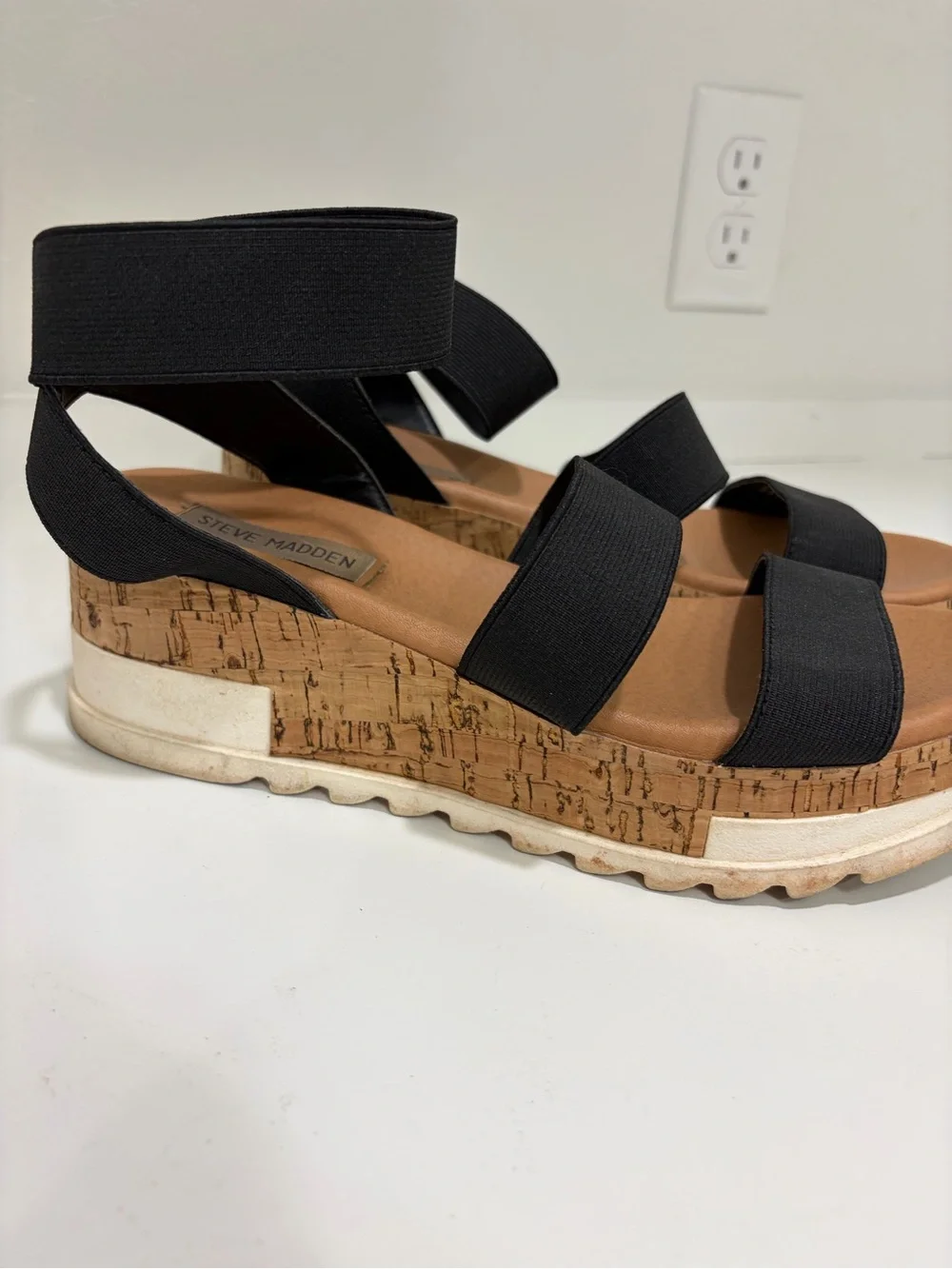 Steve Madden Black Elastic Strappy Cork-Platform Sandals